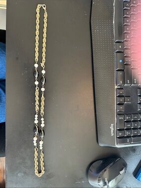 Gold-Tone Chain Necklace with Black and White Beads